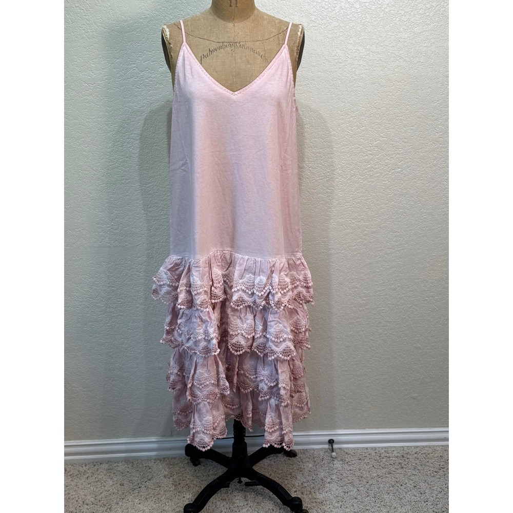 A Rare Bird Pink Tiered Ruffle Lace Slip Dress Dress Adjustable Size L/XL NWT
